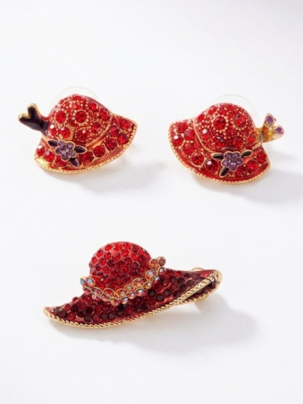 Red Hat Society Jewelry Set Red Rhinestone Hat Brooch & Earrings Vintage Style